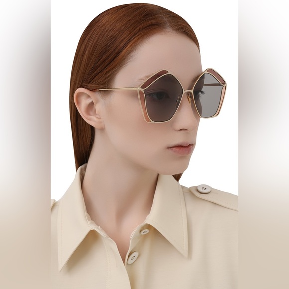 New authentic💯- CHLOE CH0024S 002 Round Gold Pink Grey 60 mm Women's Sunglasses - Picture 10 of 14